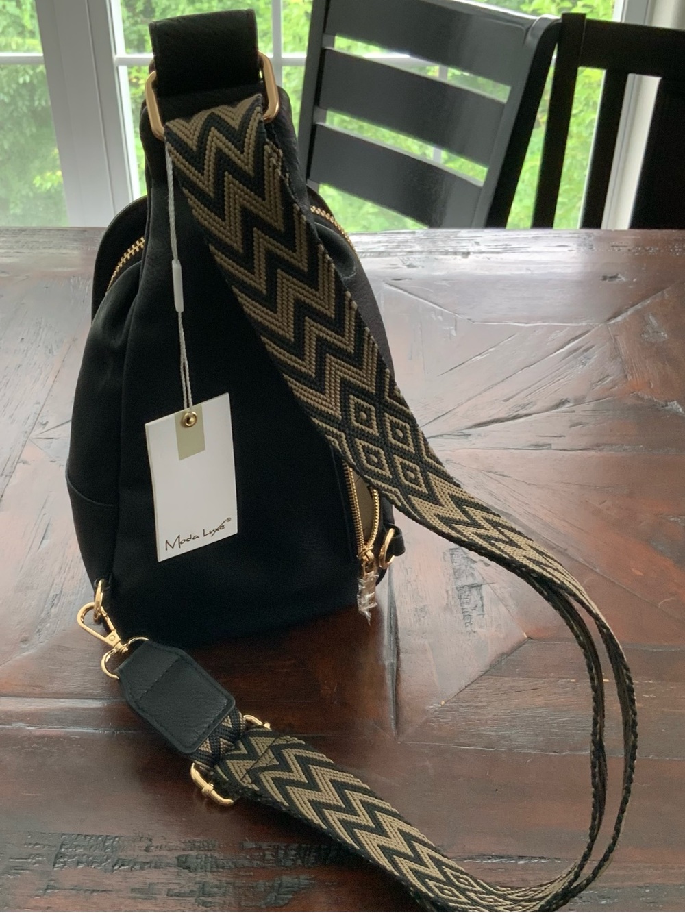 Moda Luxe Black Sling Bag with Patterned Chevron Strap - Picture 6 of 7